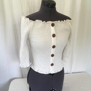 Smocked Off Shoulder Stretch Top Wood Buttons SzXL